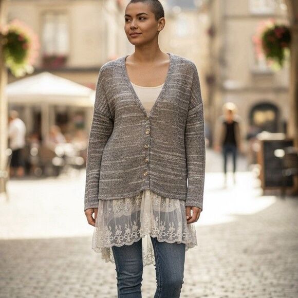 Areve Lace Crochet Duster Cardigan Sz M Long Fairycore Boho Chic Grunge Festival - Picture 1 of 10